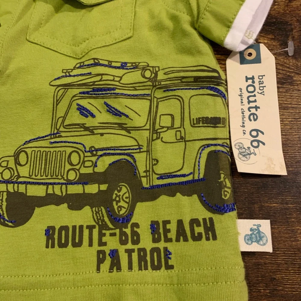 Baby‎ Boys Route 66  Button Short Sleeve Shirt Top Beach Patrol New Size 3-6 MO